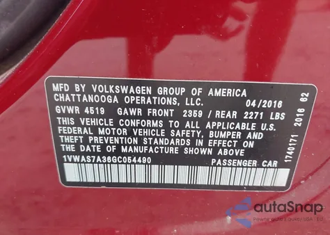 2016 Volkswagen Passat 1.8T R-Line из США, поврежденный, VIN 1VWAS7A36GC054490